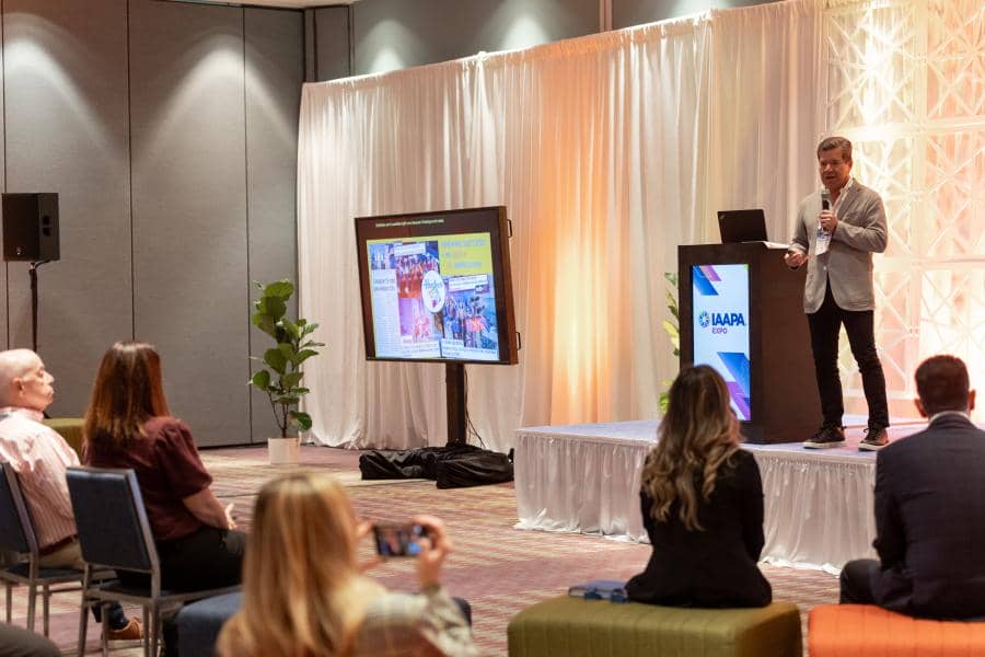 Speaker from the Hasbro City FEC press conference in the EDUTalks stage at IAAPA Expo 2023